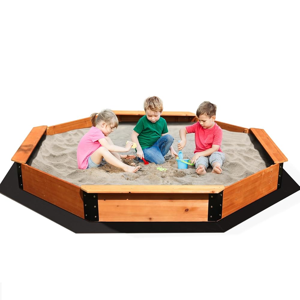 FUNTOK Large Octagon Wooden Sandpit for Kids, 216x216cm Garden Sandbox with 4 Bench Seats, PVC Cover & Bottom Liner, Outdoor Play Equipment Toys for Children