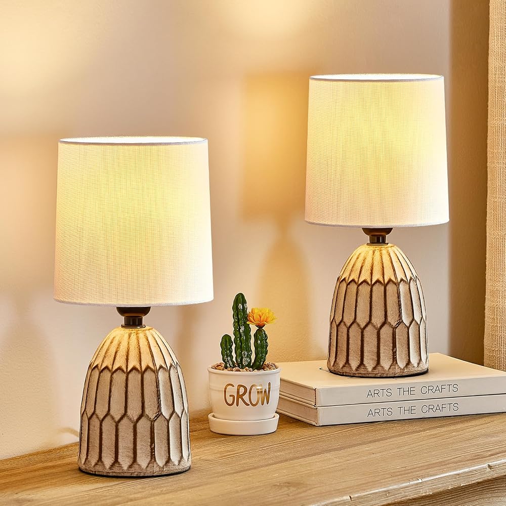 GyroVu Ceramic Table Lamp Set of 2, Boho Bedside Lamp with Ceramic Base and Fabric Shade