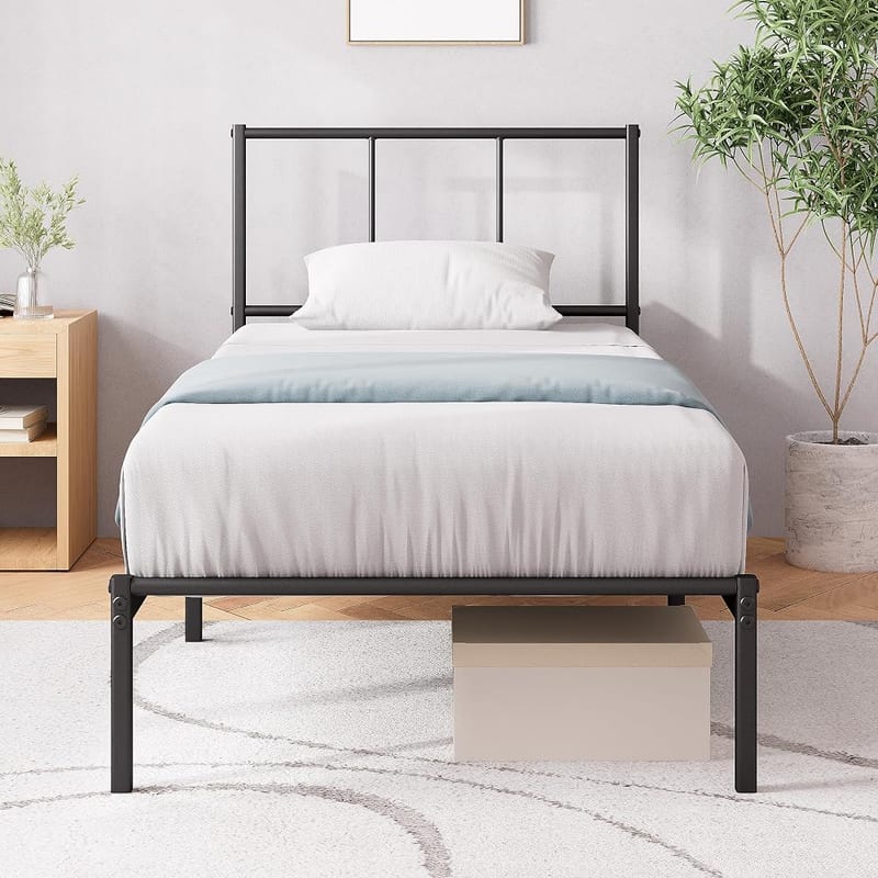 Zinus Justin 3ft Single Bed Frame with Headboard (90 x 190 cm), 14" Height, Metal Bed Base with Steel Slat Support, Storage Space Underneath, Black