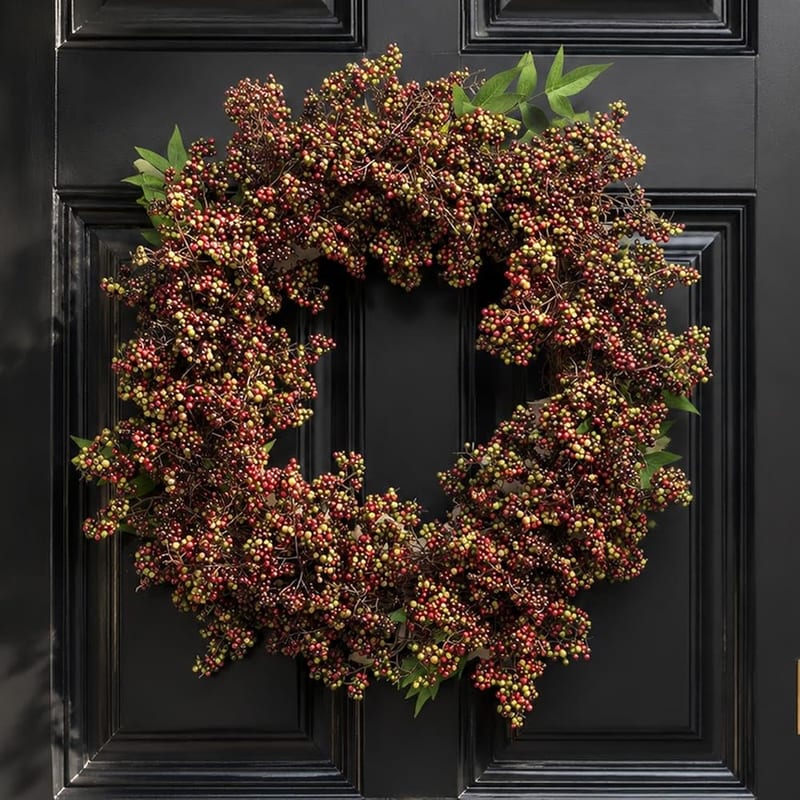 Botanik Luxury Artificial Wreath, Black Red Berry Wreath with Woven Base, 45cm Diameter, Fits All Door Sizes
