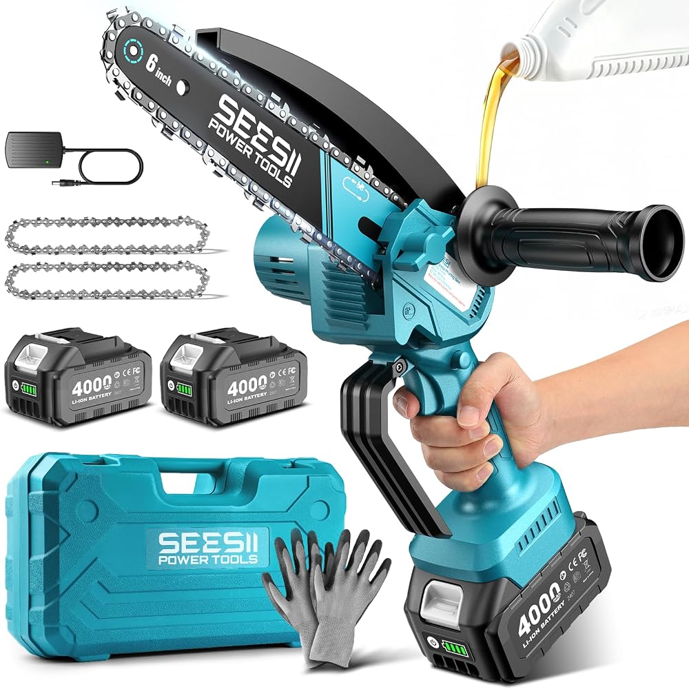 SEESII Mini Chainsaw Cordless 6 Inch with 2x4000mAh Batteries, Battery Powered Handheld Chain Saw for Tree Branches and Limb Trimming