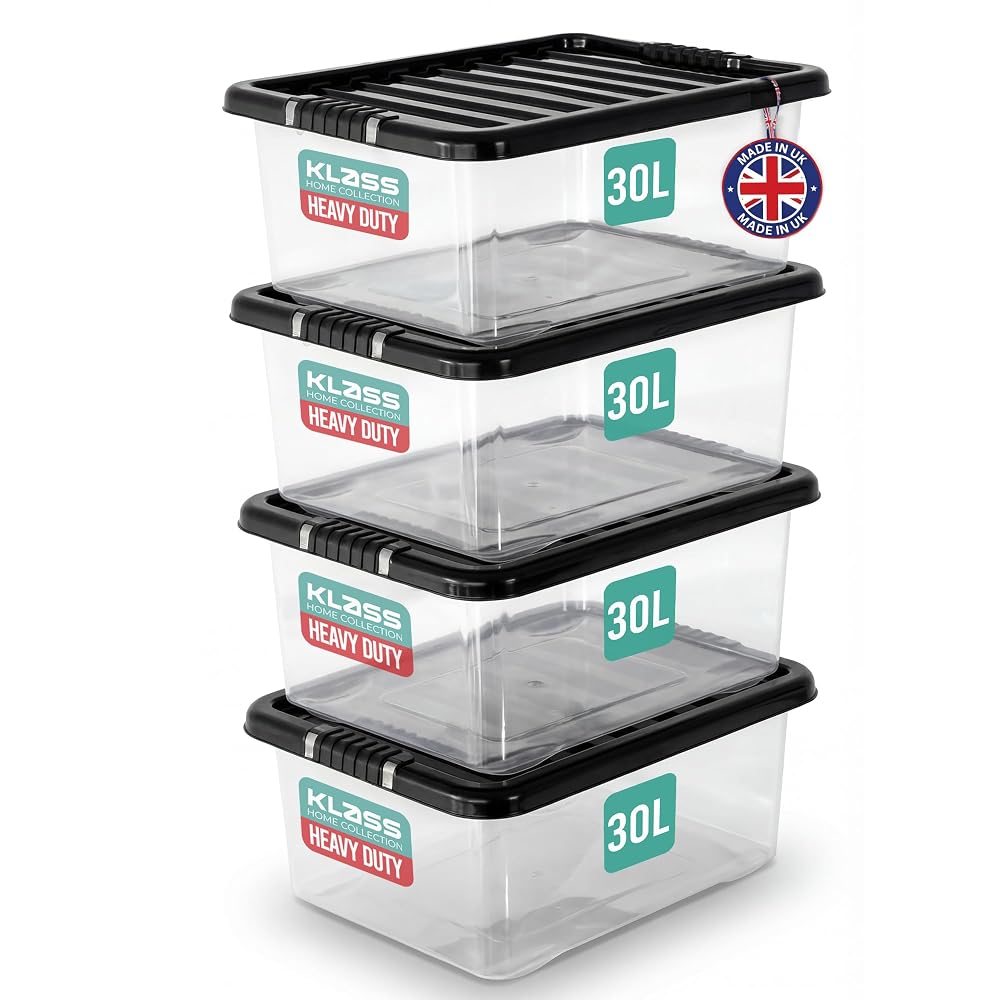 KLASS 4 x 30 Litre Underbed Storage Boxes with Lids, Set of 4, Clear Multipurpose Nestable Stackable