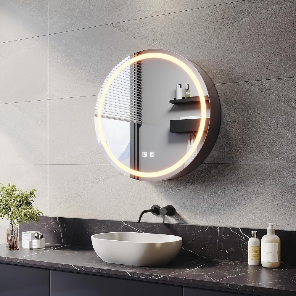 ELEGANT 600x600mm Round Illuminated LED Bathroom Mirror Cabinet with Shaver Socket, Demister, Dark Grey