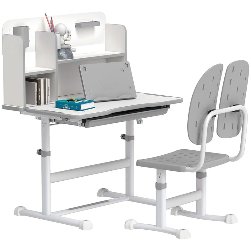 AIYAPLAY Kids Furniture Set, Height Adjustable Children School Study Desk, Student Writing Desk with Tiltable Desktop Drawer, Pen Slot, Reading Rack for Ages 3-13 Years, Grey