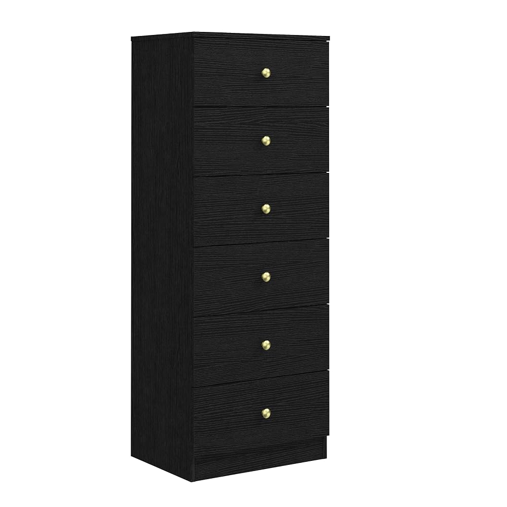 Panana Wooden Vertical Chest of Drawers, Tall Storage Cabinet 6 Drawers with Gold Handles