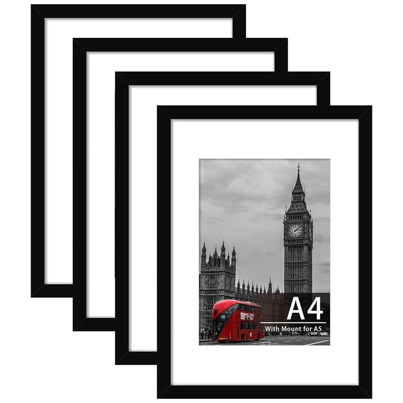 Tinkeps A4 Picture Frame Black, Pack of 4, Photo Frames for Wall or Tabletop Display with Mount