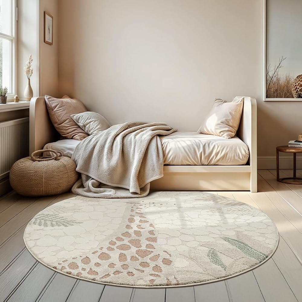 the carpet Jungle Kids Rug for Children's Room, Giraffe Design, 120cm Round