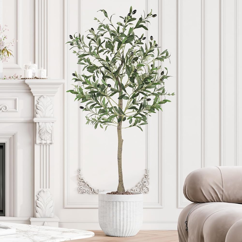 YOLEO 4FT Artificial Olive Tree, Fake Silk Plant with Natural Trunk in Pot for Home Office Indoor Decoration