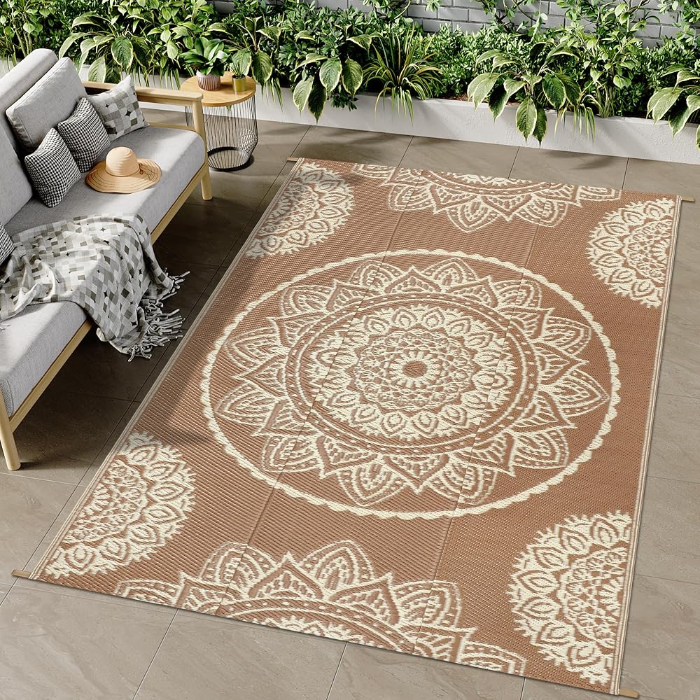 Famibay Outdoor Rug Waterproof Plastic Straw Garden Rug, Reversible Outdoor Rug 120 x 180 cm Patio Carpet, UV Resistant Portable Indoor Area Rug for RV Balcony Picnic, Brown Beige