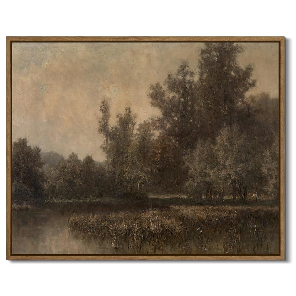 Vintage Landscape Art Print, Forest Lake Scenery Framed Wall Art for Living Room Bedroom