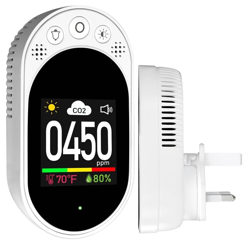 LSENLTY Carbon Dioxide Detector Plug in Wall, 3-in-1 CO2 Meter with Temperature, Humidity & Alarm Function