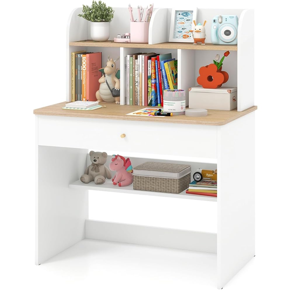 GYMAX Wooden Kids Desk, Children Study Table with Storage Shelf, Drawer and Hutch, Student Writing Desk for Reading, Studying, Drawing (White + Natural)
