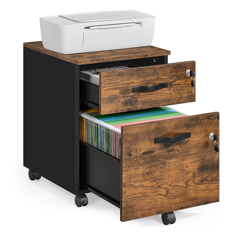 VASAGLE Rolling Filing Cabinet, Lockable File Cabinet with 2 Drawers, 5 Castors, Adjustable Hanging Rail, Rustic Brown and Ink Black