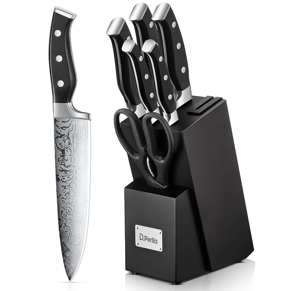 D.Perlla Knife Set, 7 Pieces Kitchen Knife Set with Self Sharpening Wooden Block, German Stainless Steel, Black
