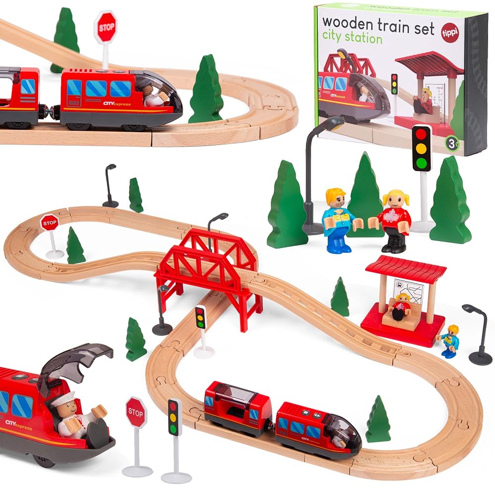Tippi Wooden Train Set - 44 Piece Train Track With Battery Powered Train - Wooden Toys For 2-5 Year Old Boys - Kids First Train Set