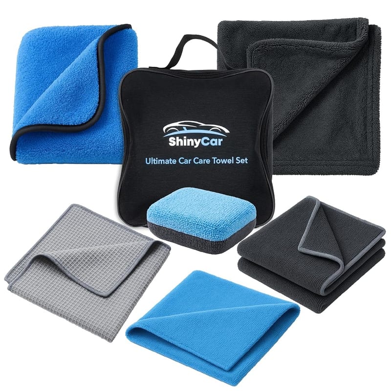 ShinyCar Ultimate Car Detailing Towel Kit - Professional-Grade Microfibre Set with Twisted Loop Drying Towel, Glass Cloth, Wax Applicator Pad, Buffing Towels & Work Cloths for Cleaning & Polishing