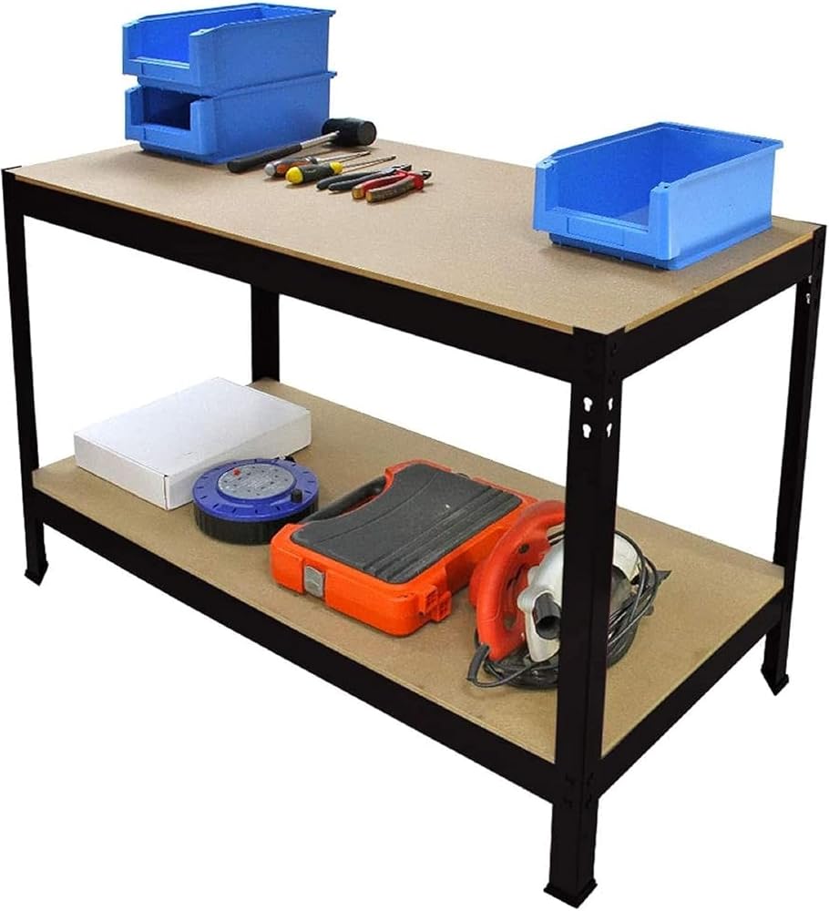 HH Home Hut Heavy Duty Garage Workbench - Ideal Workshop Table with Storage Shelving, 1200mm x 600mm x 900mm, 200kg Load