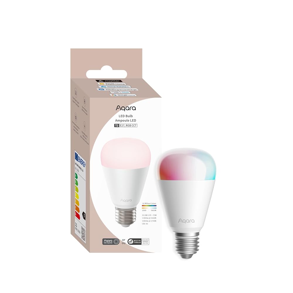 Aqara Thread/Zigbee Smart LED Light Bulb T2 E27, Tunable White & RGB, Matter, Works with HomeKit, Alexa, Google