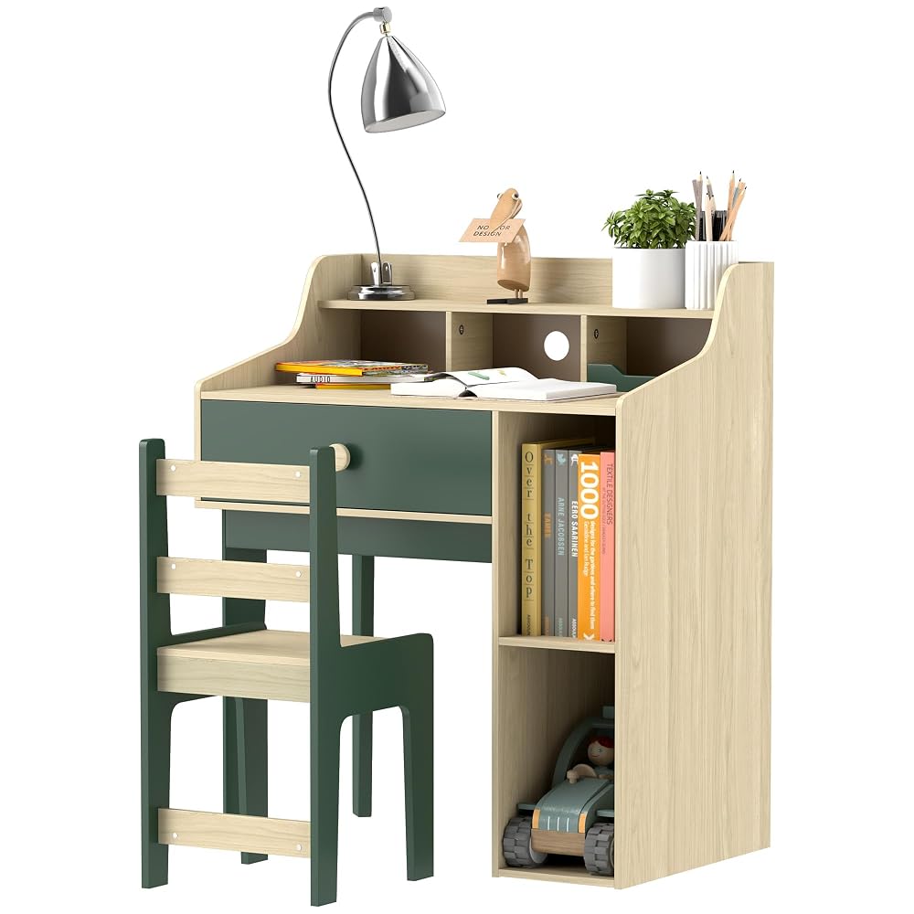 AIYAPLAY Kids Desk and Chair Set with Hutch, Drawer and Storage Shelves
