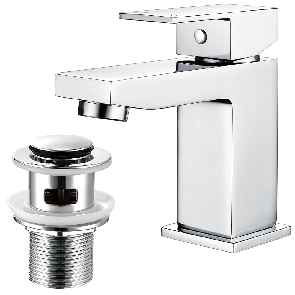 Bathroom Sink Taps Basin Mixer Tap with Pop Up Waste, Square Modern Mono Single Lever Tap, Chrome