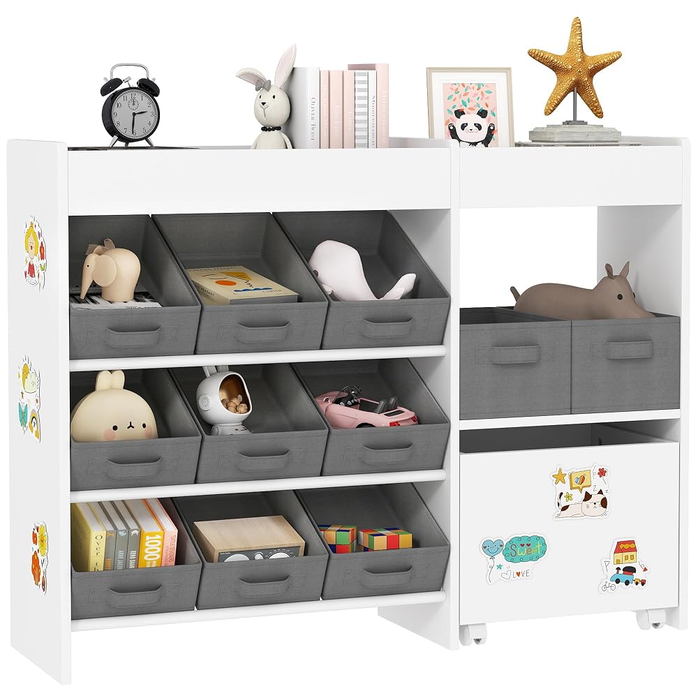 AIYAPLAY Kids Toy Storage Unit with 11 Fabric Bins, Cabinet & Top Shelves, White