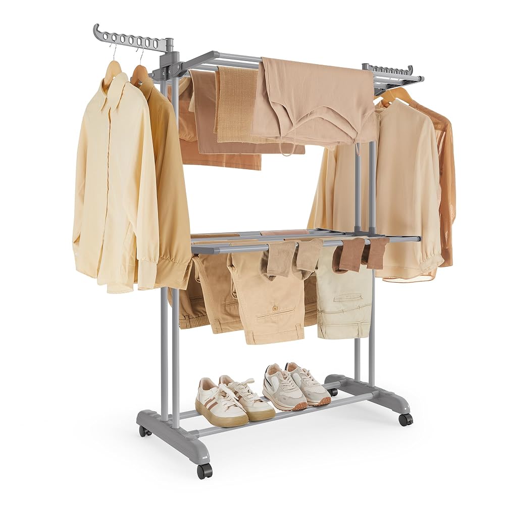 SONGMICS Large Clothes Airer, Foldable 4-Tier Drying Rack, Stainless Steel, Indoor Outdoor Use, Dove Grey