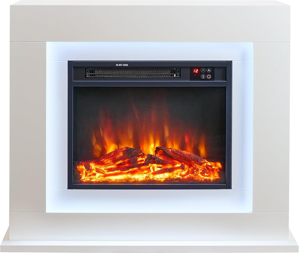 Sureflame Salisbury Electric Fireplace Suite – Pure White 32-Inch Design, Remote Control, LED Flame Effect, Programmable Timer & Thermostat