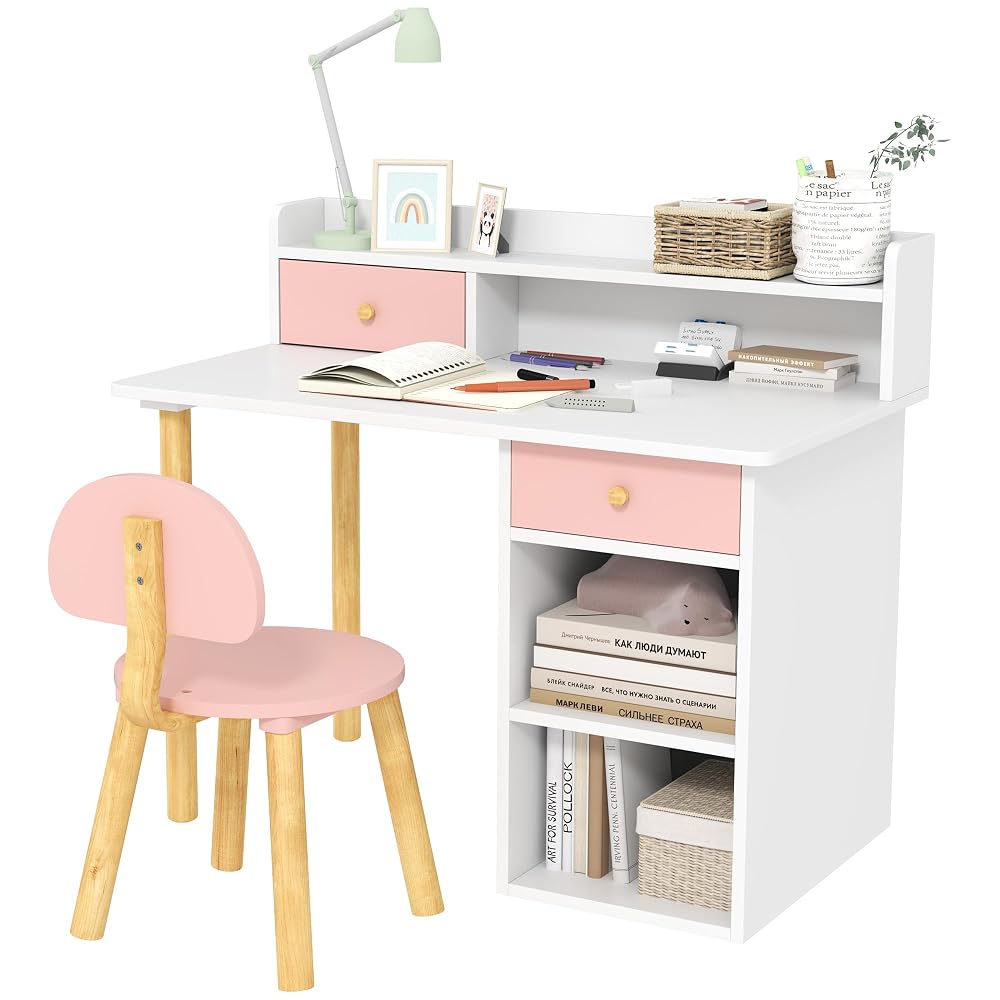 AIYAPLAY Kids Desk and Chair Set with Hutch Drawer, Ages 3-8 Years, Pink