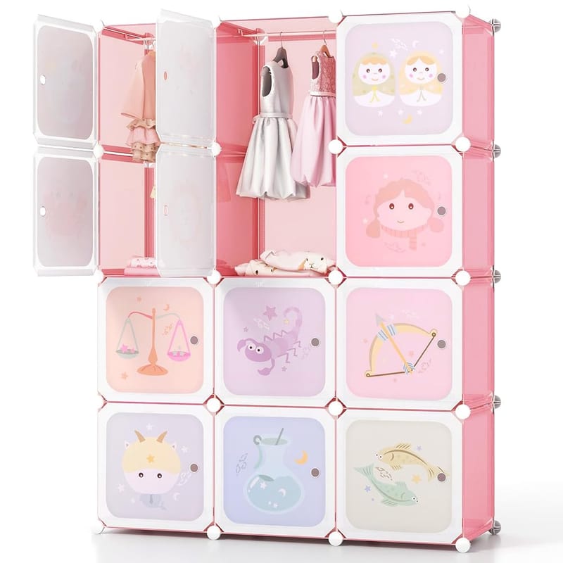 GYMAX Cartoon Clothes Closet, Kids Portable Wardrobe with Hanging Rod and Storage Shelves, Light Pink
