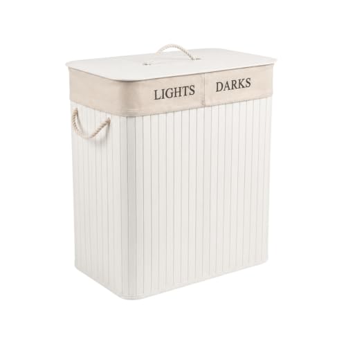 Double Light & White Bamboo Laundry Basket, Laundry Hamper with Removeable Washable Lining & Lid, Easy Assemble Folding Storage Bin Dirty Clothes Storage Bucket Cover Household Container Organiser