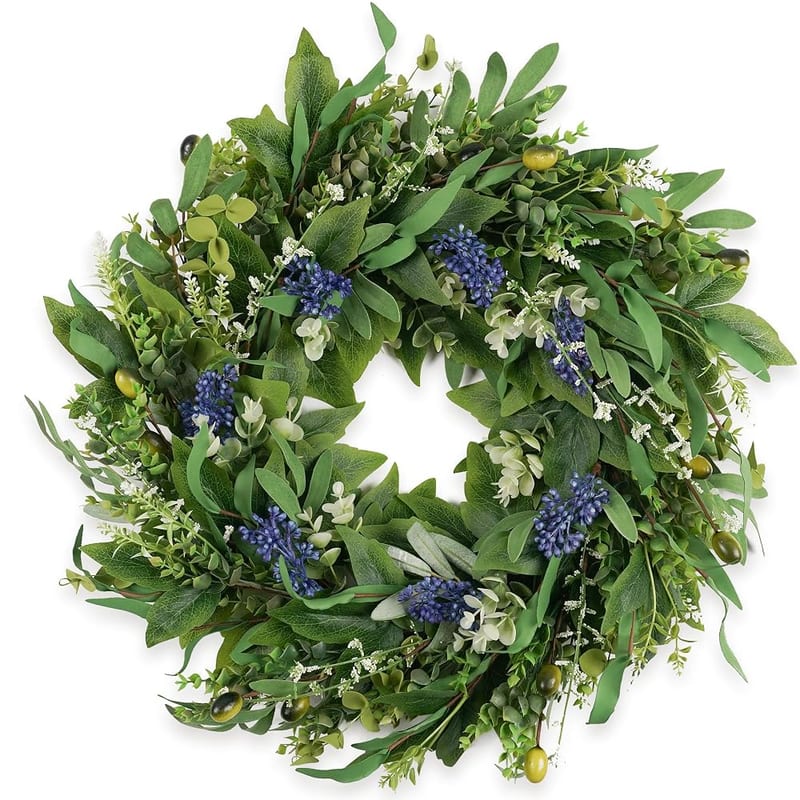 HomeKaren Wreath 22" Door Spring Wreath with Eucalyptus Olive Boxwood Leaves, Greenery Wreath Door Decoration for Spring Summer All Season Home and Outdoor