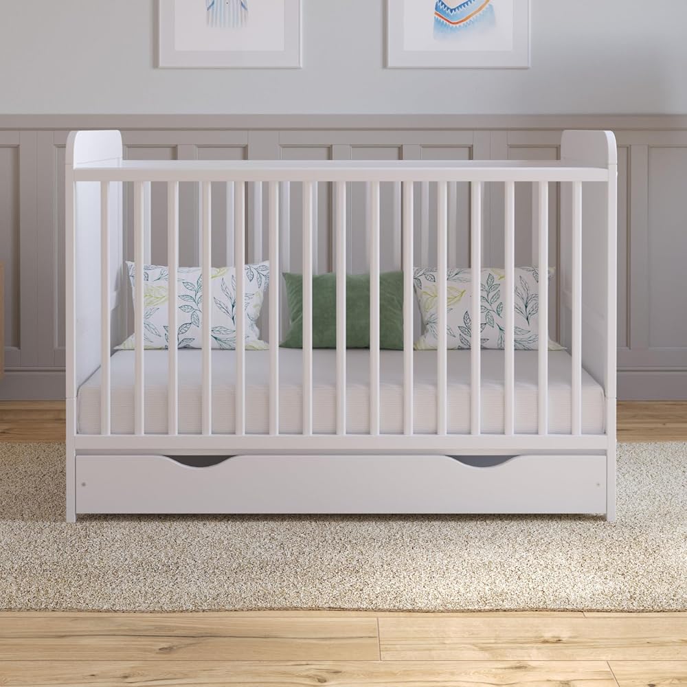 Love For Sleep LEVI Baby Cot Bed 120x60cm - Wooden Convertible Toddler Bed with Drawer and Quilted Mattress, White