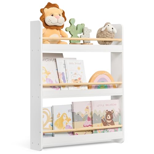 SONGMICS Kids Bookshelf Wall Shelf, 3-Tier Children's Bookcase, Book Shelf Kids Room, Toy Organiser Wall-Mounted, Playroom, White and Natural GKR013W02