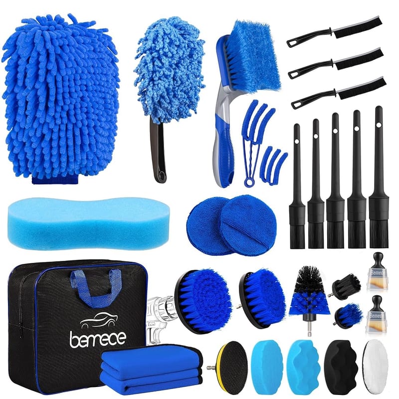 Bemece 31-Pcs Car Detailing Kit (Blue) - Interior and Exterior Cleaning Brushes, Wash Mitt, Towels and Storage Bag