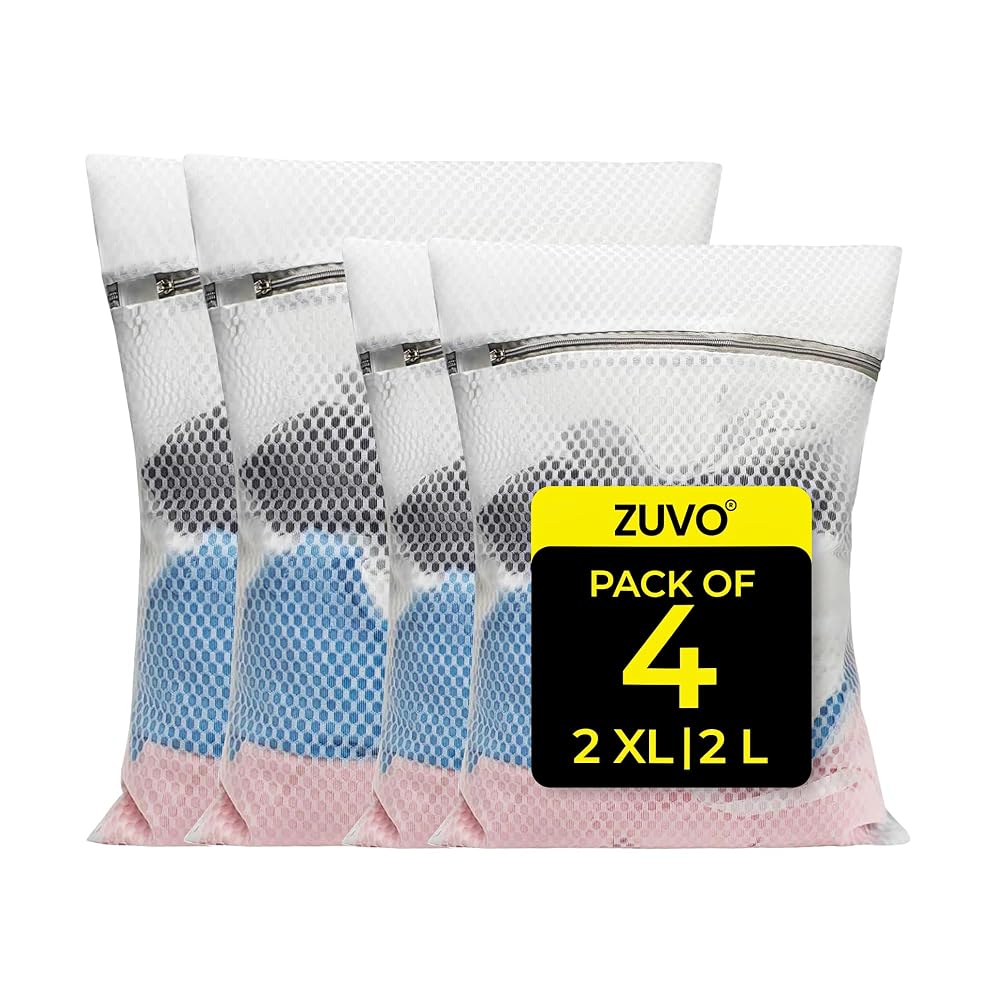 Zuvo Mesh Laundry Bags (4-Pack) - Wash Bags for Delicates, Socks & Lingerie, Laundry Net Bags for Washing Machine with Zips