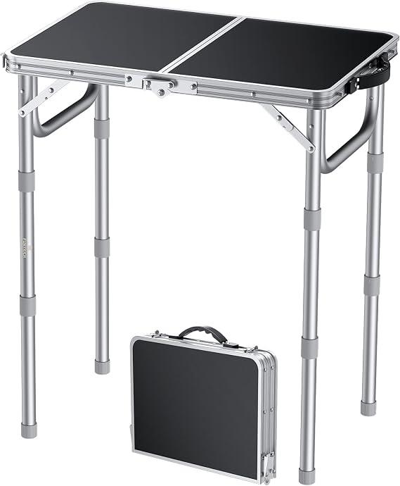 FUNYKICH 2ft Small Folding Camping Tables, 3 Height Adjustable Portable Picnic Table, Lightweight Aluminum Outdoor Table with Carry Handle for Camping, Picnic, BBQ, 58x40cm(L22.8 xW15.7), Silver