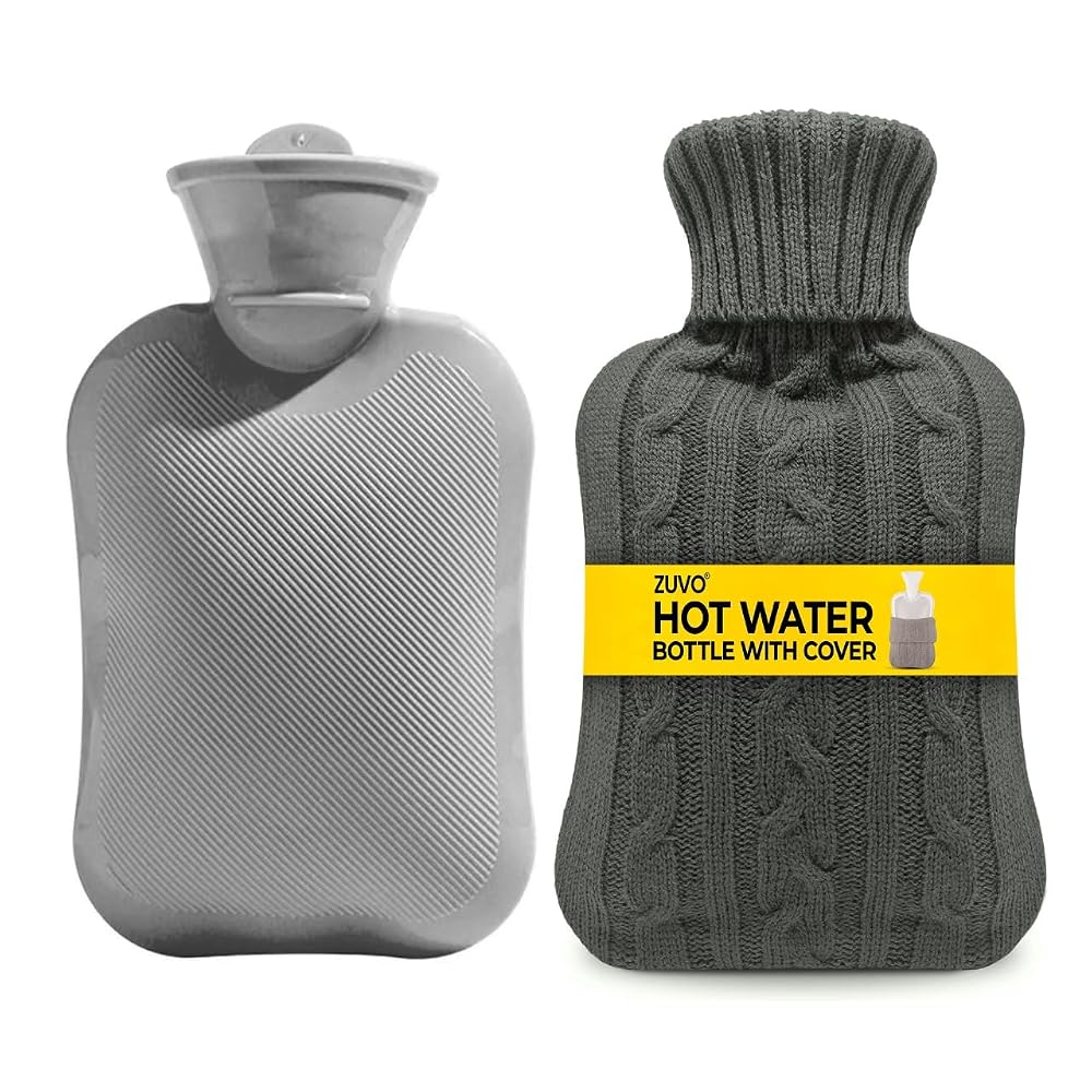 Zuvo 2L Hot Water Bottle with Soft Knitted Cover – Large, Leakproof & BPA-Free, Grey