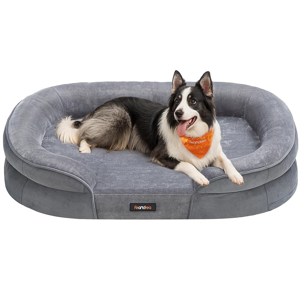 Feandrea Dog Bed, Large Orthopaedic Dog Sofa Bed, Egg Crate Foam, Waterproof Liner, Light Grey