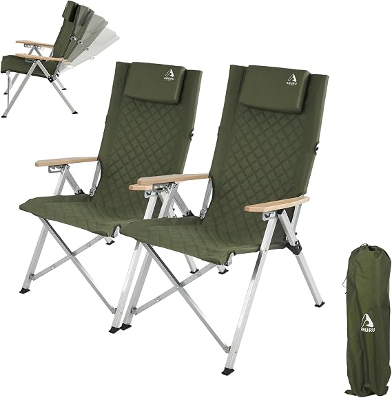 Folding Camping Chairs 2 Set for Adults Adjustable Heavy Duty Outdoor Chair 4-Position150KG High Back Oversized Garden Chair Recliner Luxury for Garden Patio Reclining Outdoor(Green, 2Pack)
