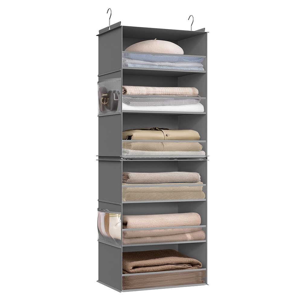 SONGMICS Hanging Wardrobe Organiser, 6-Tier Fabric Storage Shelf, Separable Closet Hanging Shelf with Side Pockets, Dove Grey