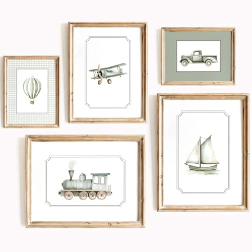 Sage Green Nursery Wall Art Boys Room Canvas Poster Kids Wall Decor Vintage Vehicle Prints Baby Toddler Pictures Transportation Plane Painting Train Truck Artwork for Bedroom 8x10 Inch Unframed