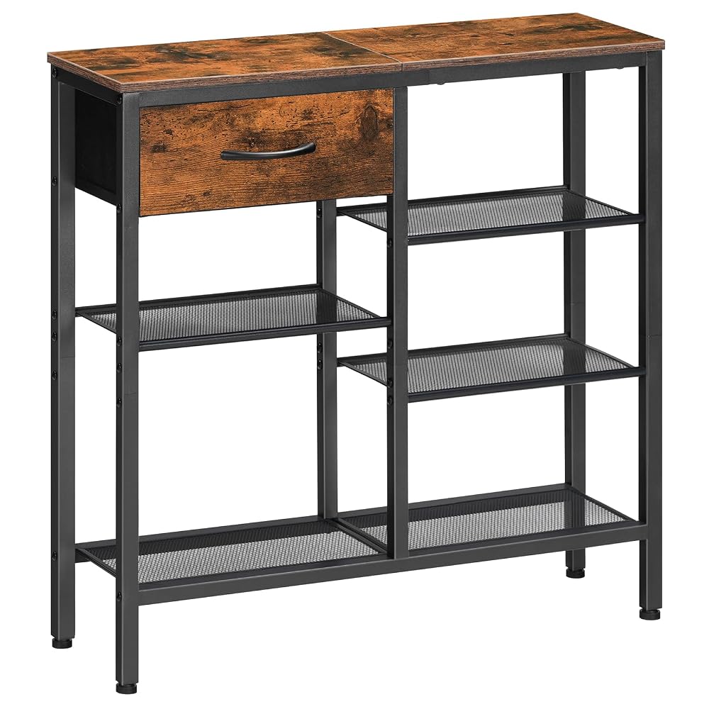 HOOBRO Console Table for Hallway Slim, with Drawer and 5-Tier Storage Shelves, Rustic Brown and Black