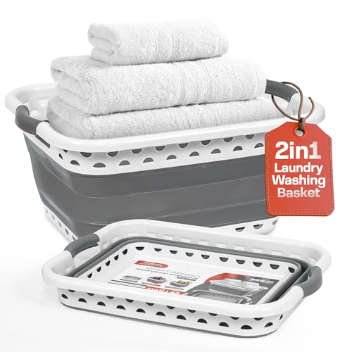 Klass Home Collection 58L Large Collapsible Laundry Baskets Plastic, Pop Up Foldable Washing Basket, Laundry Hamper For Sorting & Drying, Space Saving Folding Wash Bucket Tub (2-Handle, Grey)