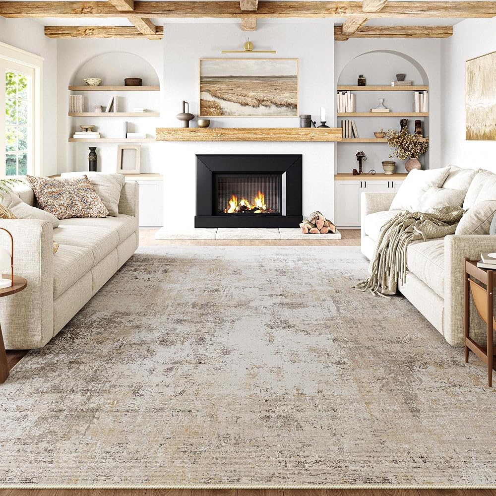 HUGEAR Washable Rug Living Room 240x300cm, Beige Grey Non-Slip Abstract Modern Large Carpet