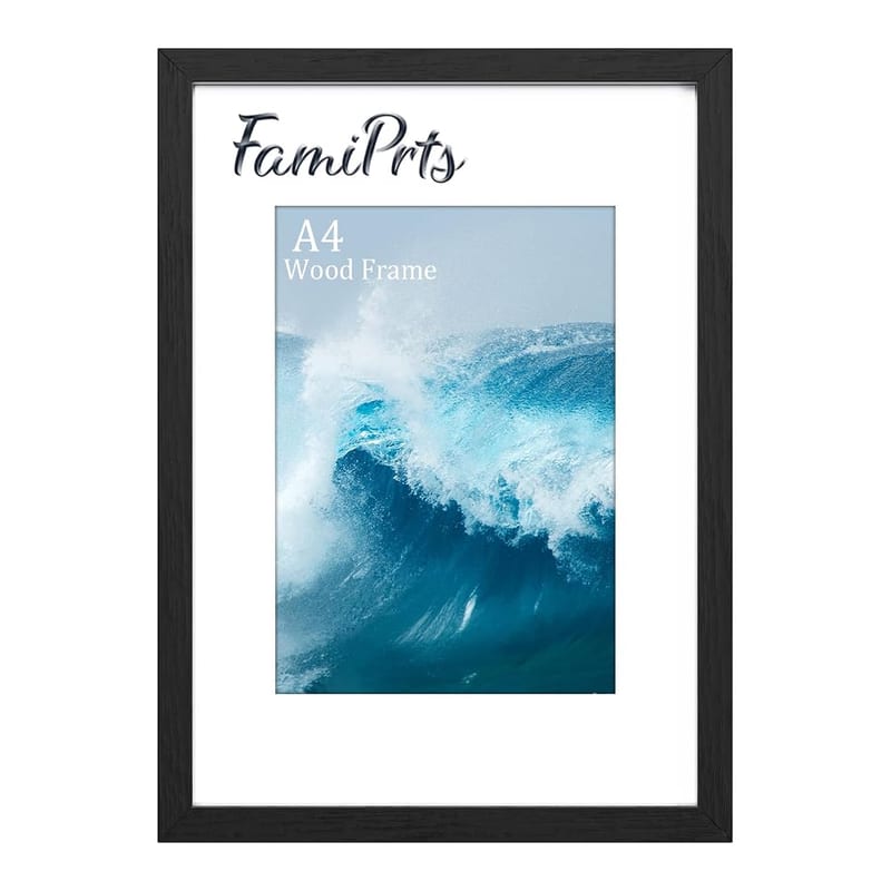 FamiPrts A4 Frame, Black Wooden A4 Picture Frame, Dual Orientation with Stand & Wall Hooks