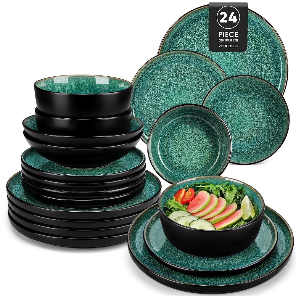 vancasso 24 Piece Dinner Set, Stoneware Plates and Bowls Set for 6, Mediterranean Style, Playa Series, Vibrant Green