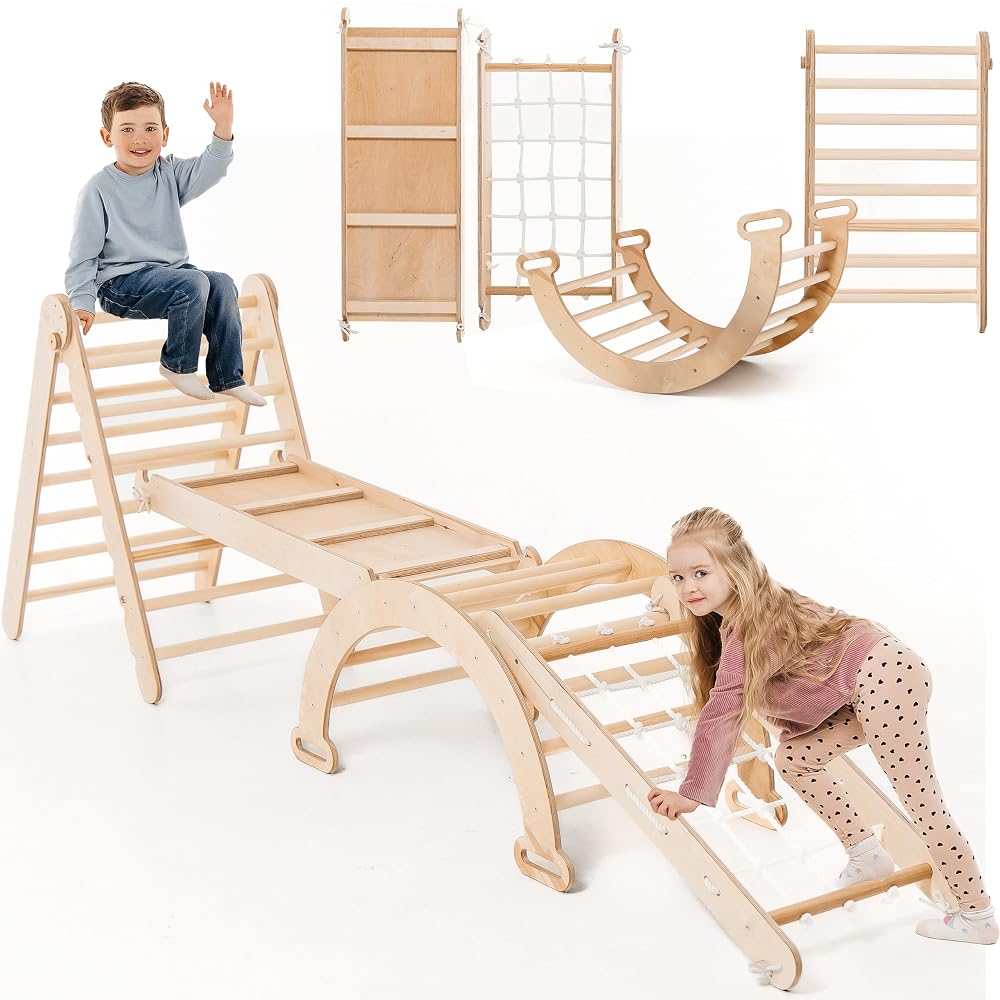 Goodevas Montessori Wooden Indoor Climbing Frame with Slide, Foldable Pikler Triangle Play Gym for Toddlers Ages 1-3