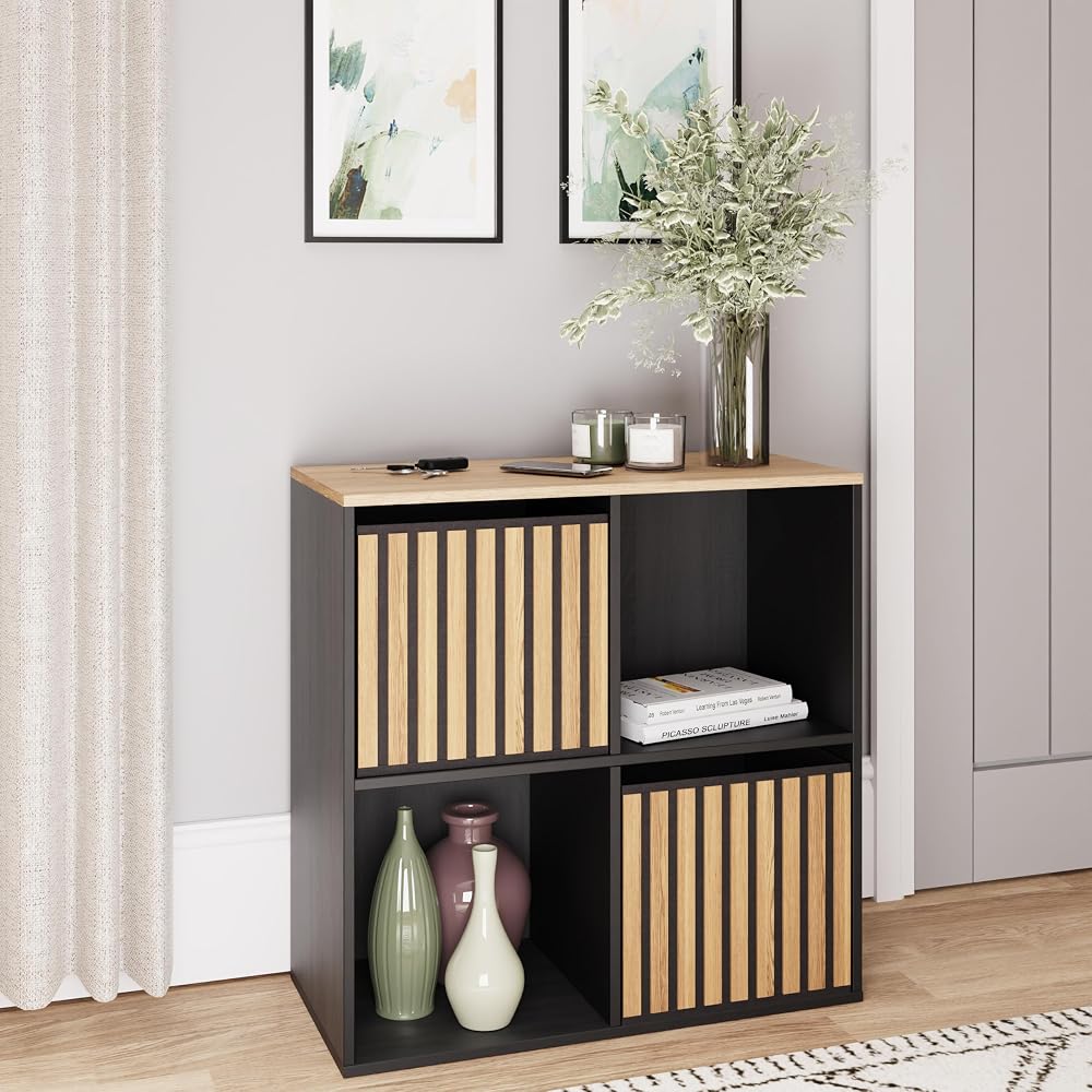 GFW Kube 2x2 Storage Sideboard Cabinet with Shelf & Drawers, Black/Oak