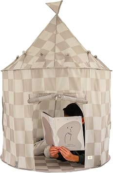 3 Sprouts Kids Play Tent, Ages 3 to 10, Recycled Fabric, Checkered Beige | indoor playhouse; playroom bedroom use; pretend play space; reading nook; cozy hideaway; room decor; imaginative play.