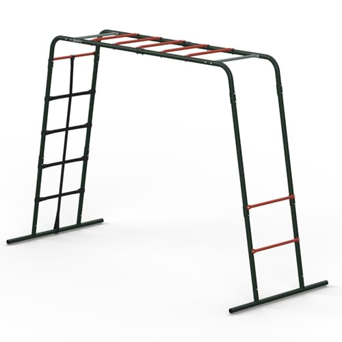 Plum Play Metal Monkey Bars Climbing Frame with Stippled Powder Coating for Extra Grip and Support - Cargo Climbing Net - Max user weight 50kg - Up to 3 users at a time